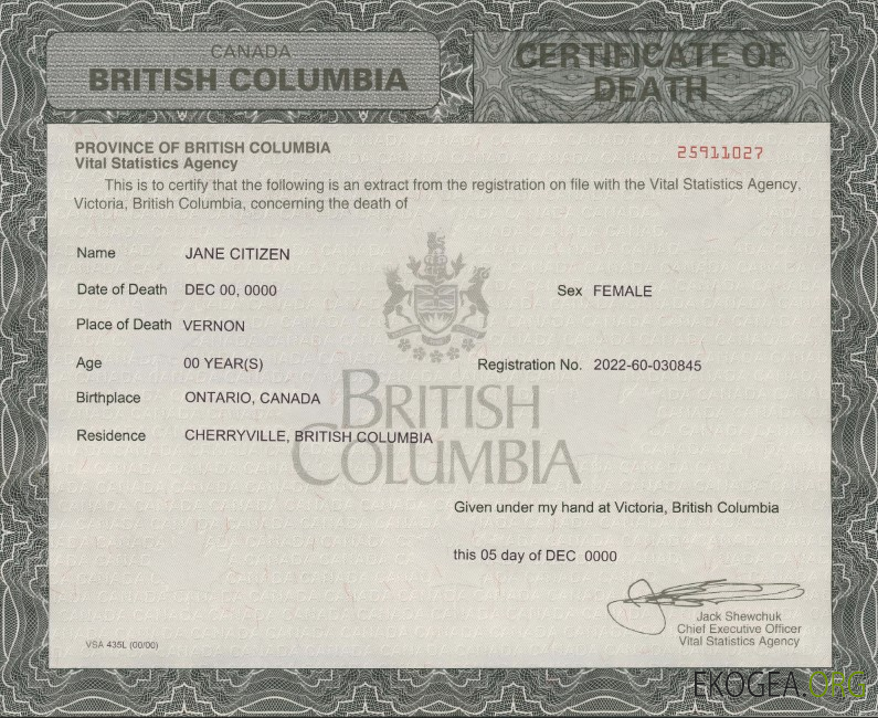 Modèle de certificat de décès Canada Colombie Britannique au format PSD
